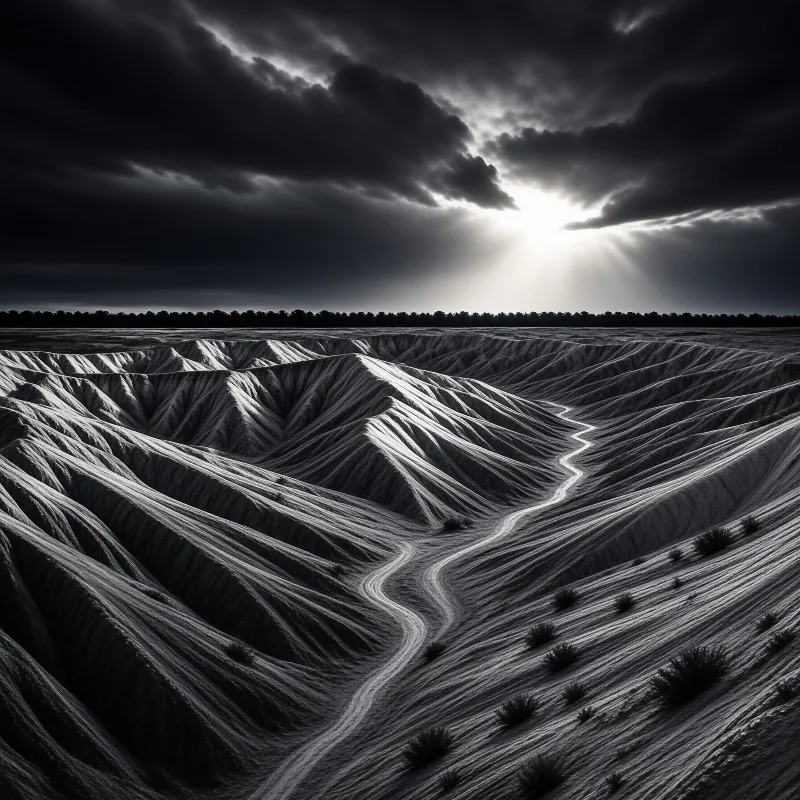 A monochrome view of rugged eroded land with a serpentine track leading toward a tree line beneath bright sunrays.