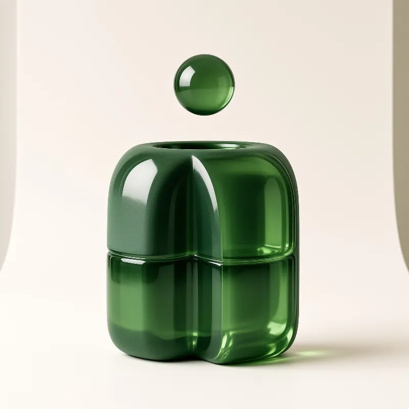 A glossy green glass vessel with a rounded shape stands on a plain surface while a matching bead hovers above its opening.