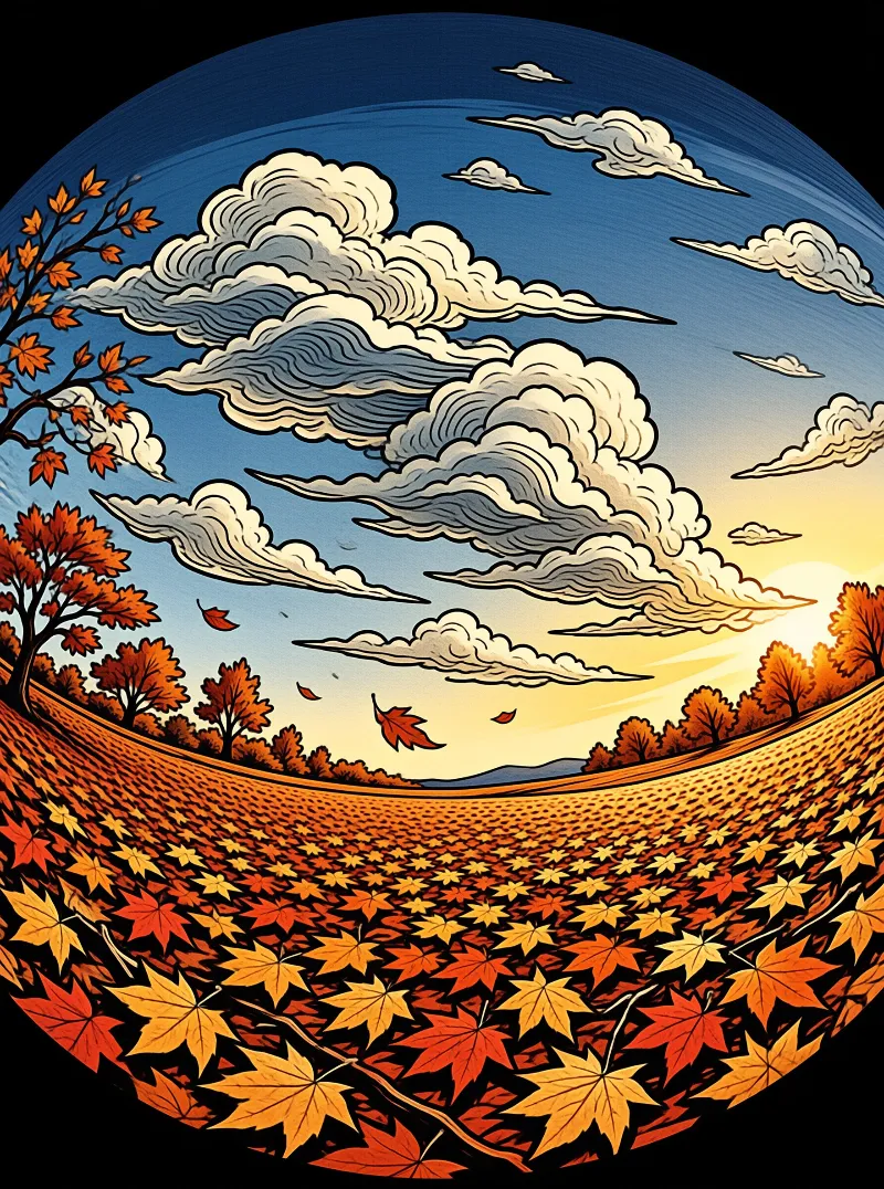 Stylized art depicts a curved field of red maple leaves beneath large swirling clouds and a glowing yellow sunset horizon.