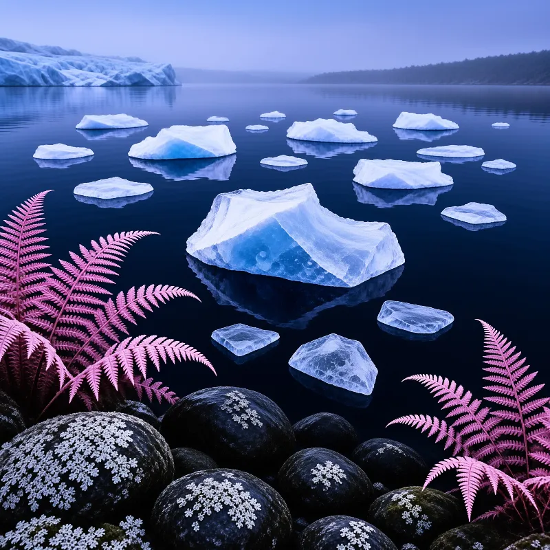 Icebergs float in calm dark water surrounded by pink ferns and snowflake patterned stones.