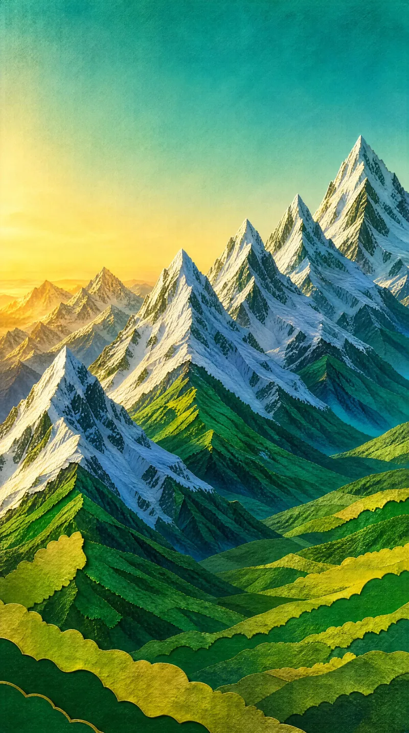 Layered snow-capped mountain peaks stretch across the horizon with green valleys below, illuminated by warm golden light.