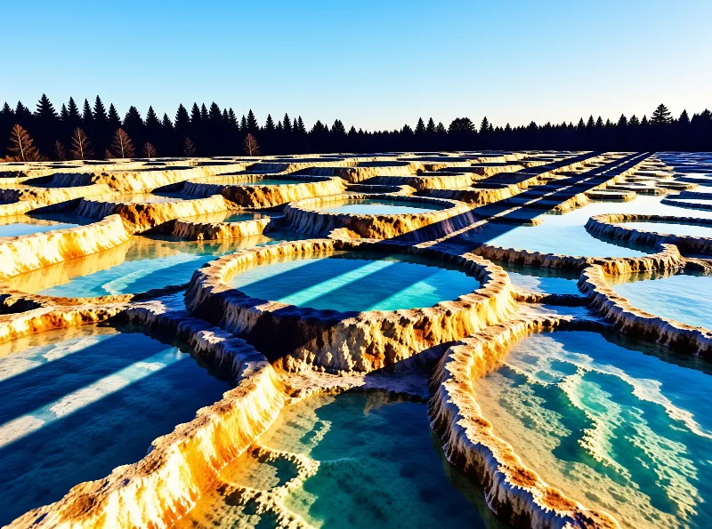 Stepped limestone formations hold turquoise water while bright rays hit the edges against a dark woodland background.