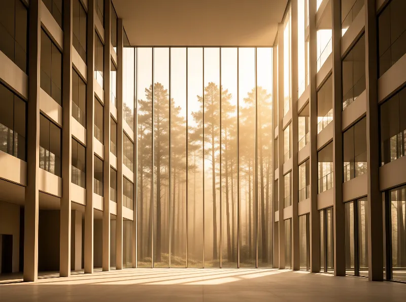 Symmetrical concrete colonnade with tall glass panes overlooks foggy sunlit pines, golden light casts shadows on the floor.