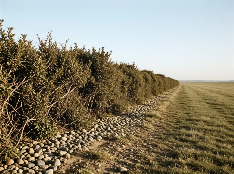 Dense shrubs border a pebble-lined edge separating open grasslands from a clear horizon.