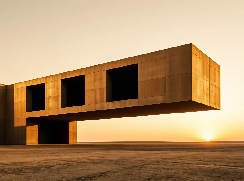 A large concrete block juts over a flat desert plain while the setting sun casts warm golden light on its facade.
