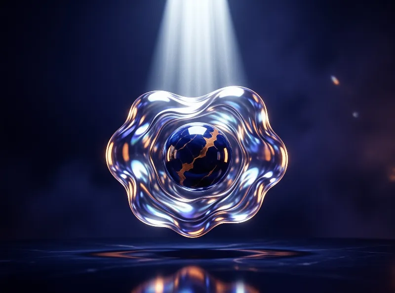 A fluid chrome shape wraps around a cracked blue stone as illumination falls from above onto a glossy surface.