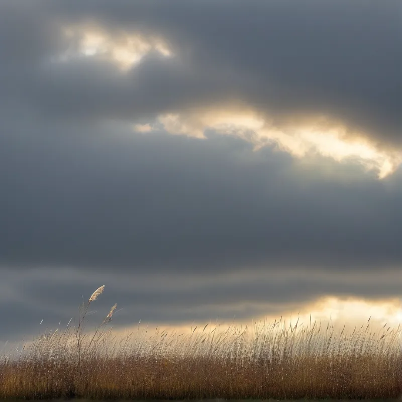 Brown grasses fill the foreground beneath a heavy grey sky where golden sunlight breaks through clouds.