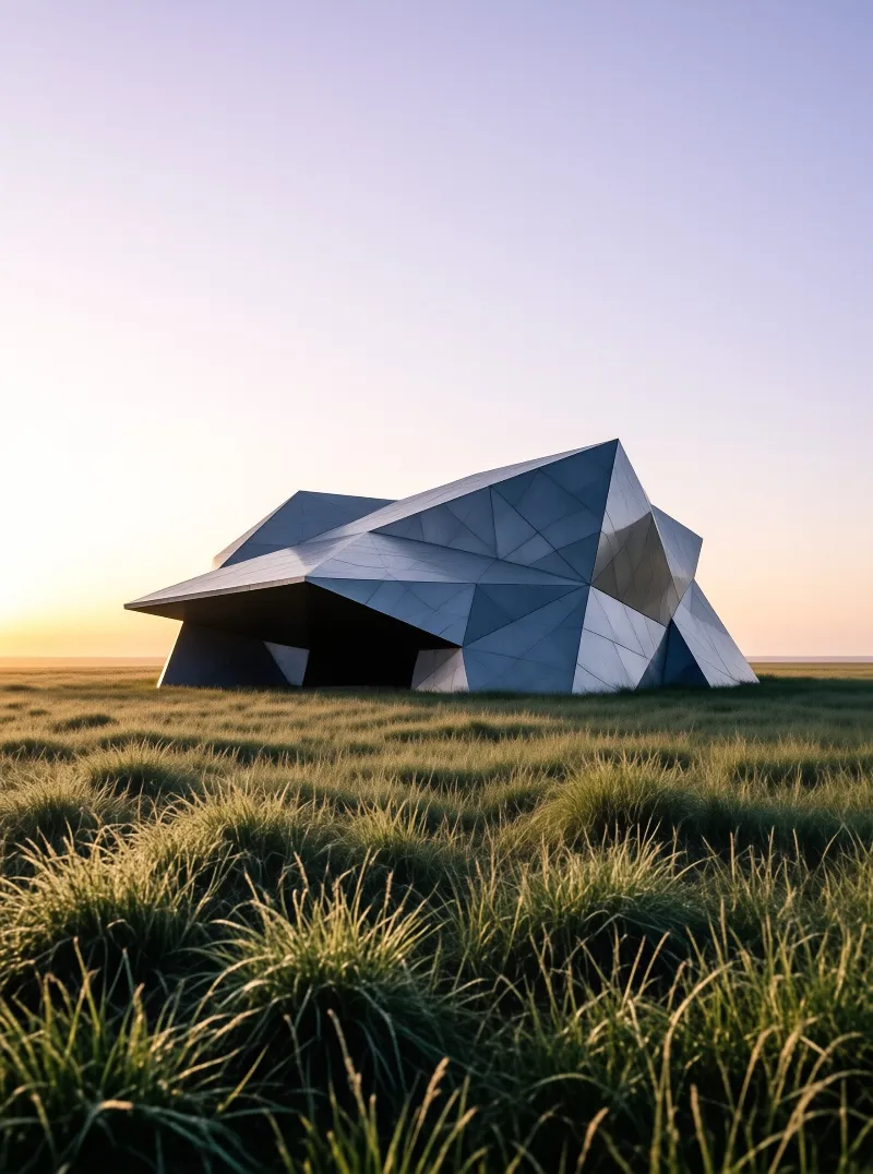 A low angular building with mirrored triangular panels sits in tall grass under a pale sunset sky.