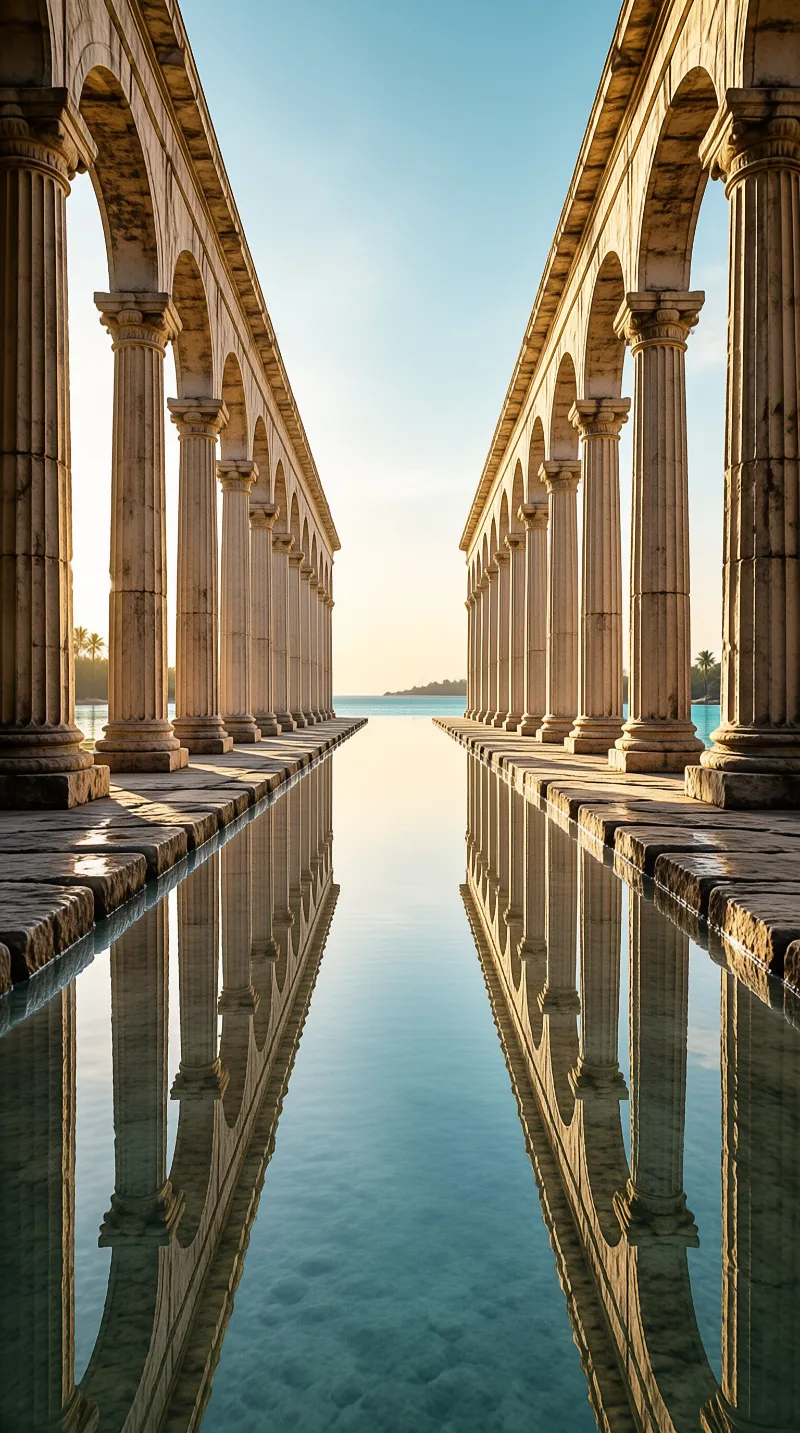 Symmetrical stone pillars stand in calm water creating a perfect mirror reflection against a clear sky.