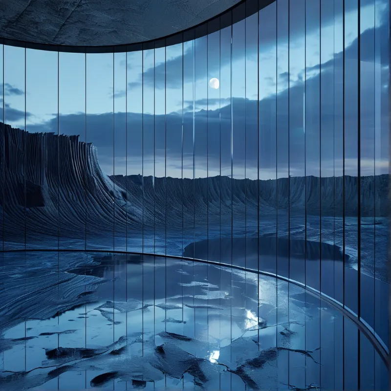 A curved glass wall frames a grooved carved canyon at dusk, with a bright moon hanging in a dark blue cloudy sky.
