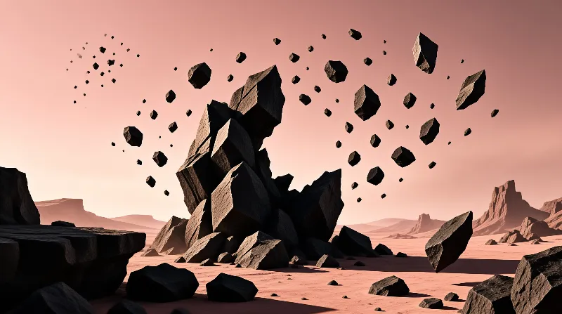 A cluster of dark jagged stones hovers above a reddish desert floor under a soft pink sky with distant mesas.