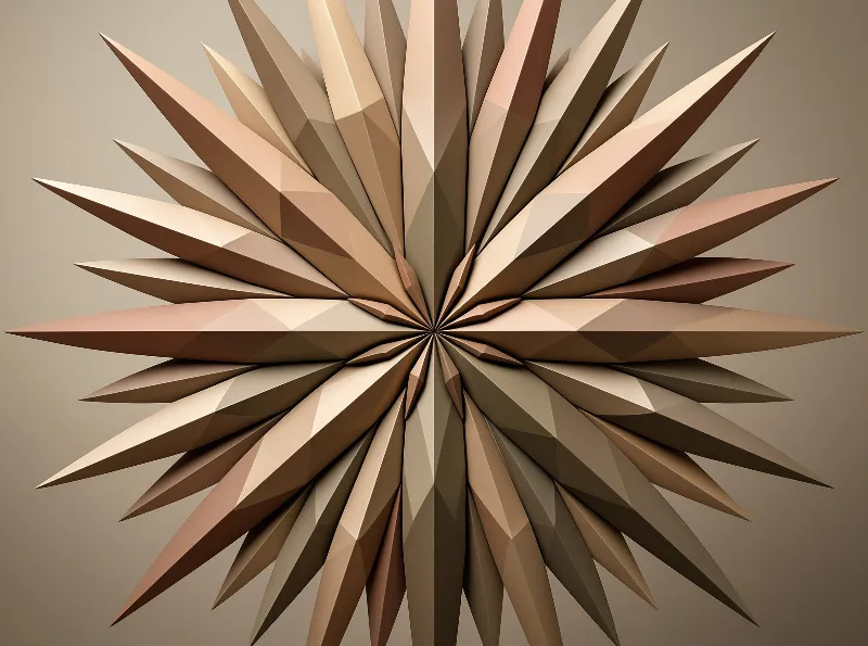 A radial low-poly sculpture of sharp copper and beige spikes bursting outward from a central point.