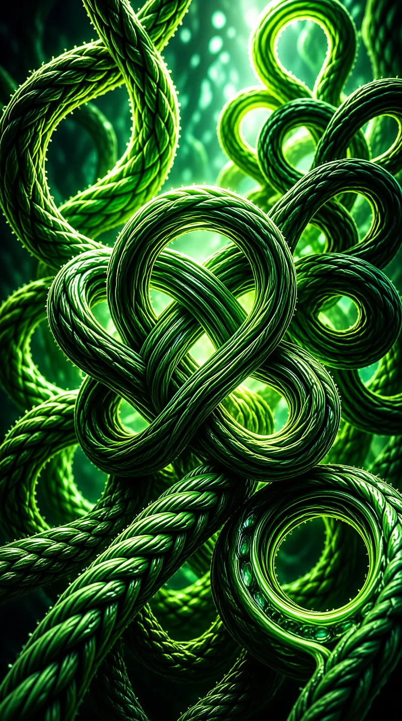 Interwoven loops of vivid green braided cord glow against a softly blurred jade backdrop with tiny sparkling highlights.