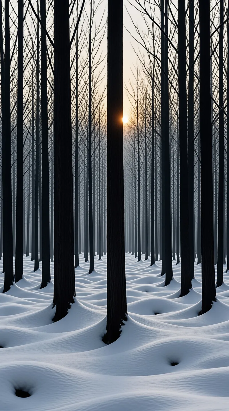 Slender black tree trunks stand in sculpted white snow while the low sun glows faintly through the mist between them.