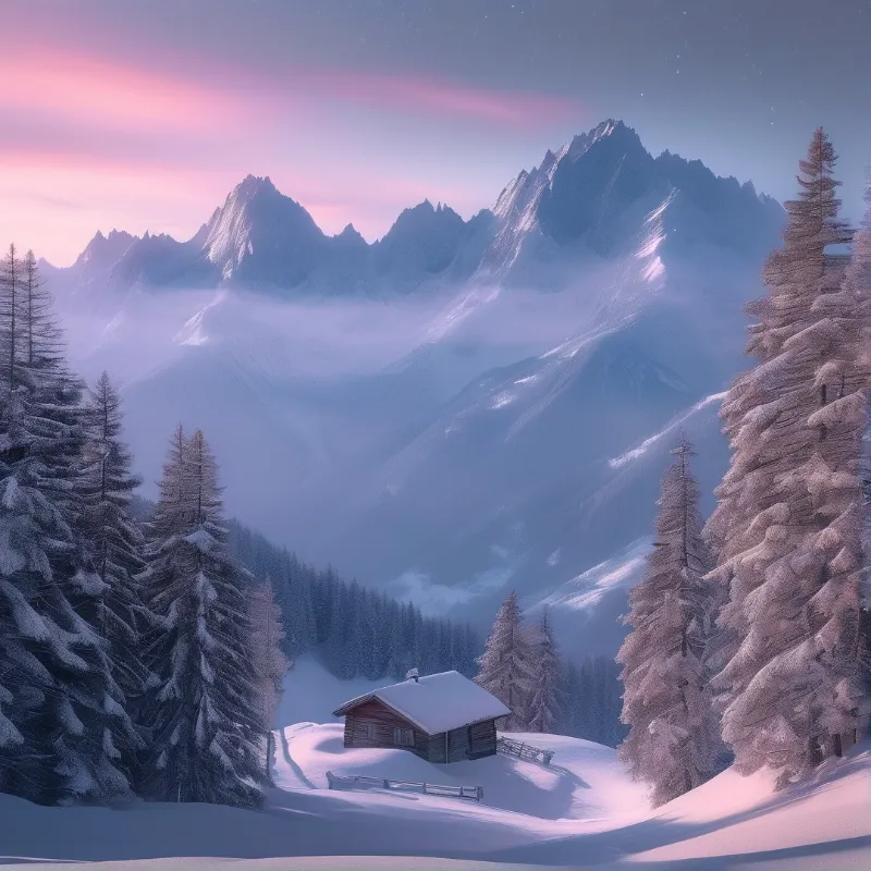 Snowy Mountain Cabin at Dawn