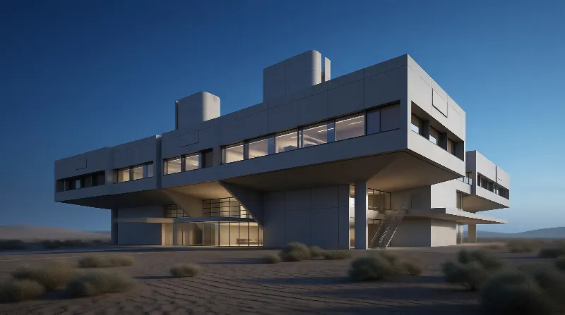 Brutalist Concrete Building in Desert