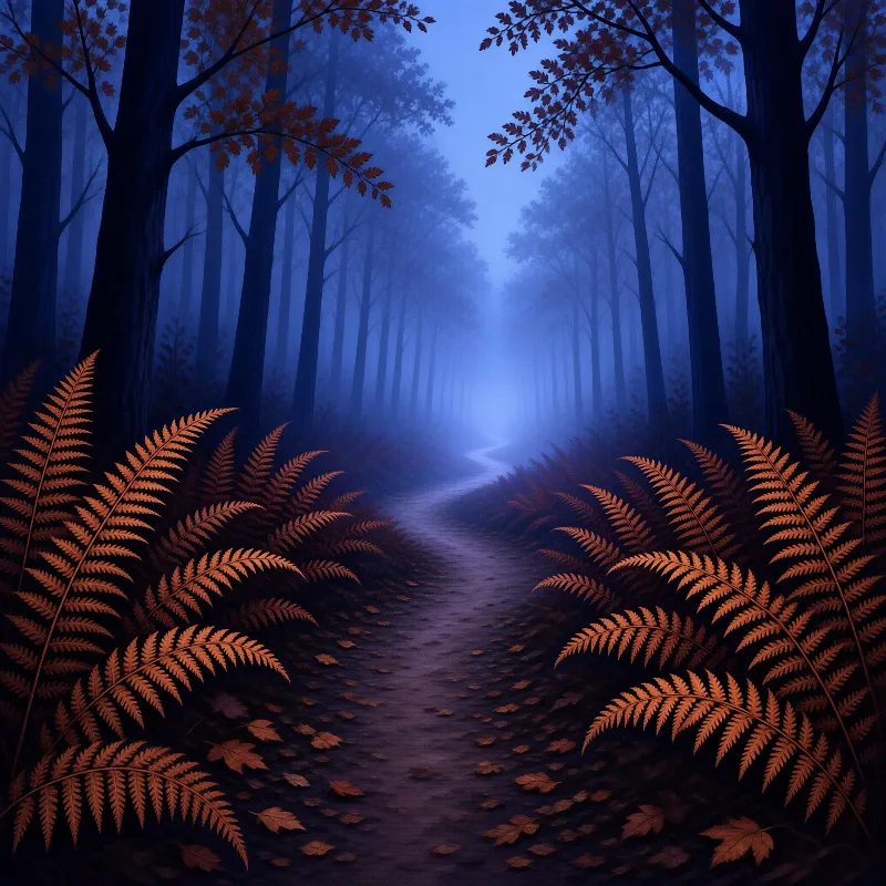 A winding trail through a dark forest at dusk is flanked by orange ferns and leads toward a bright blue misty clearing.