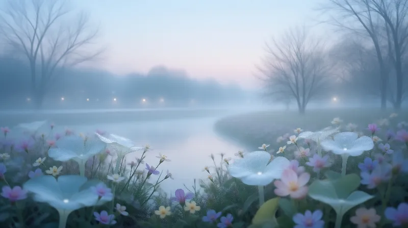 Misty River and Flowers