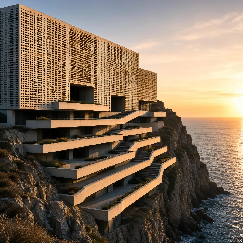 A perforated concrete structure sits atop a rocky cliffside, overlooking the ocean during a warm sunset glow.