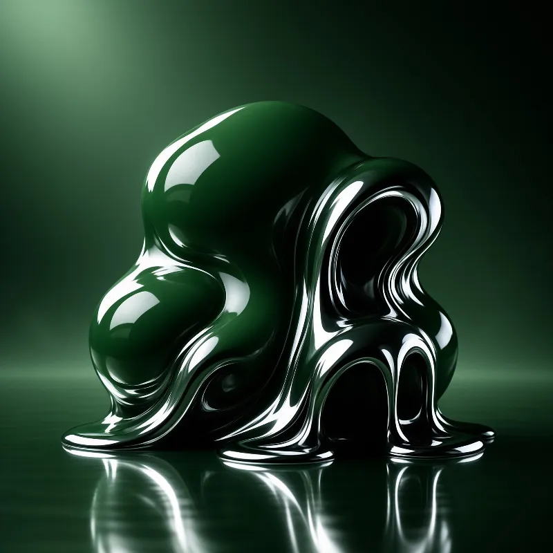 A glossy emerald abstract shape rests on a mirror like floor catching bright white reflections.