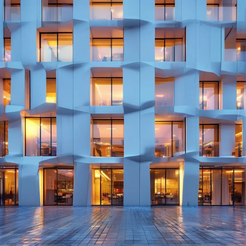 White undulating architectural forms surround large windows emitting warm orange light against a cool blue surface at dusk.