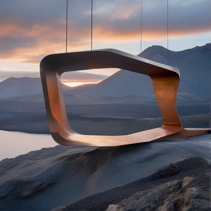 A polished copper loop stands on dark volcanic ridges while sunset clouds glow over distant cinder cones.