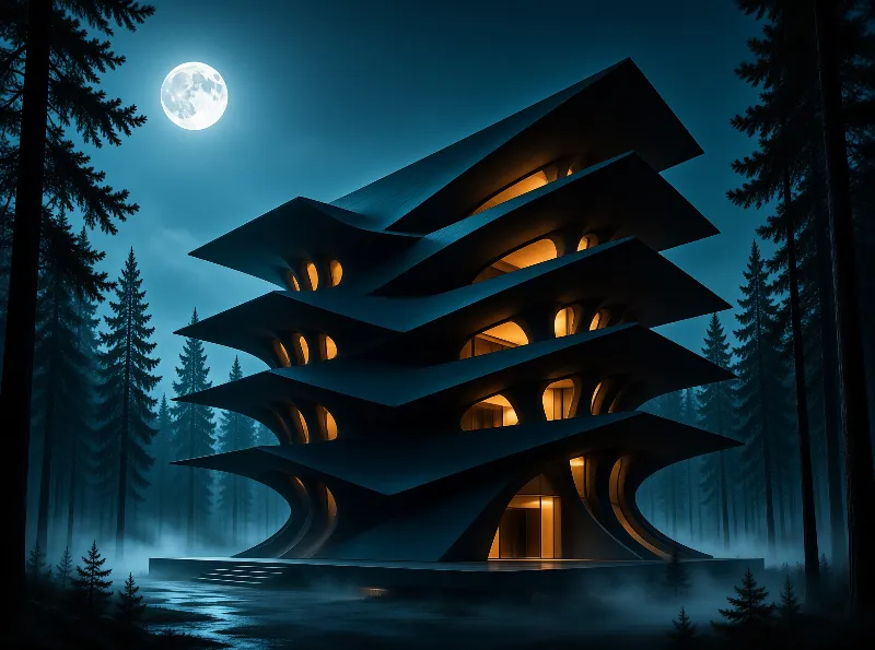 A dark layered building with warm interior lights stands amidst foggy pine trees beneath a large white moon.