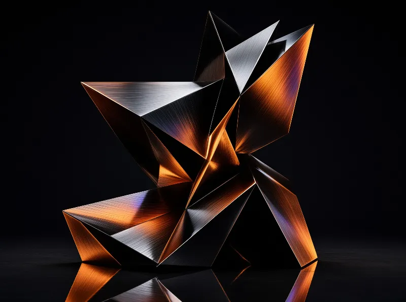 An angular metal sculpture with brushed copper tones sits on a reflective black surface under dramatic lighting.