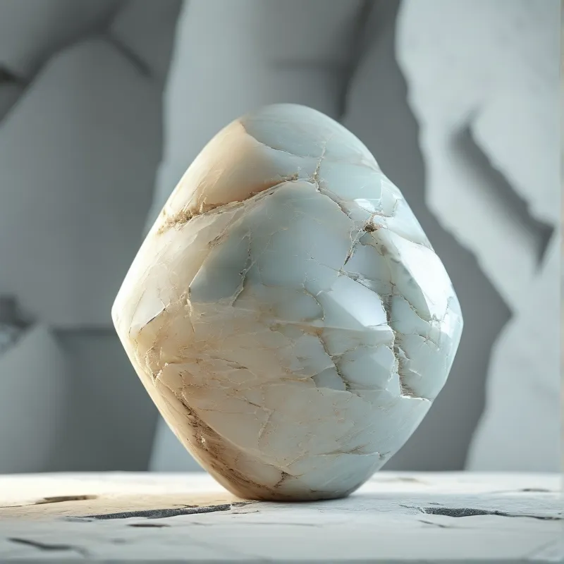 A polished faceted stone shaped like an egg shows pale white and warm tan veining as it balances on a rough rock surface.