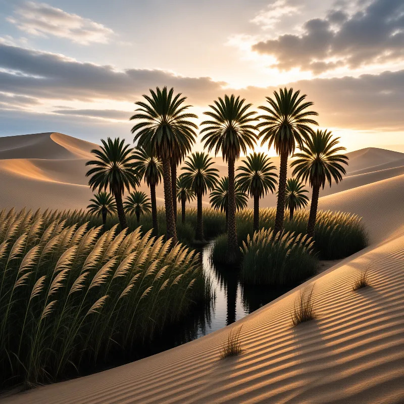 Tall palm trees grow beside a narrow stream surrounded by tall grass and rolling sand dunes under a warm sunset sky.