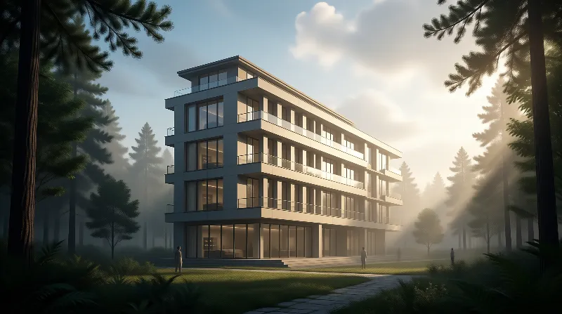 Modern Building in Misty Woods
