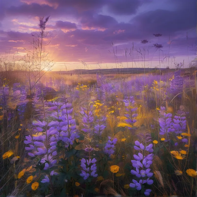 Purple Flower Field at Sunset