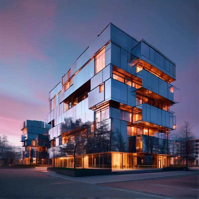 A contemporary multi-story structure with geometric stacked volumes features reflective blue glass panels and warm orange interior lighting against a gradient dusk sky.