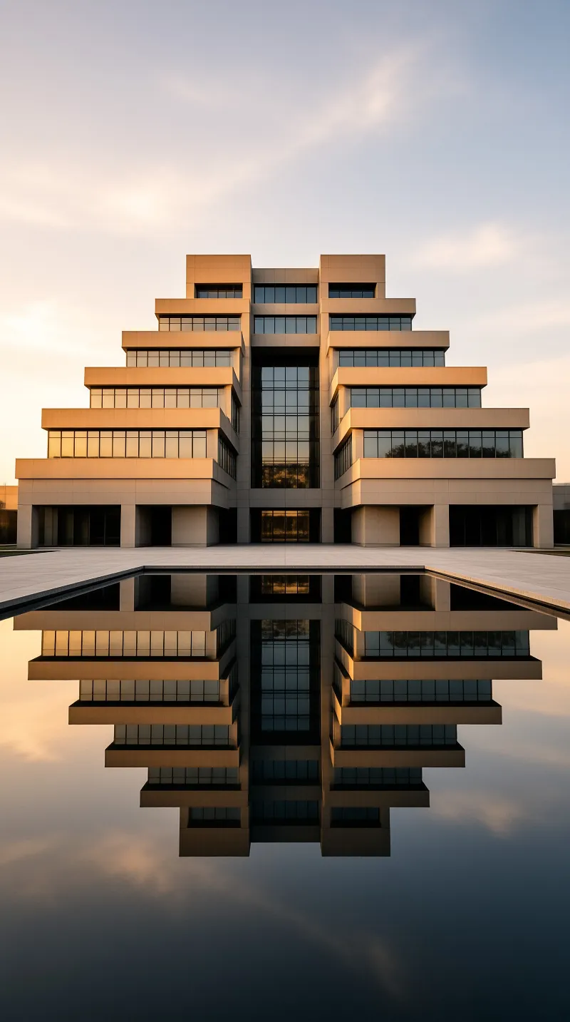 A symmetrical beige structure with dark windows sits before a calm pool mirroring it during golden hour.