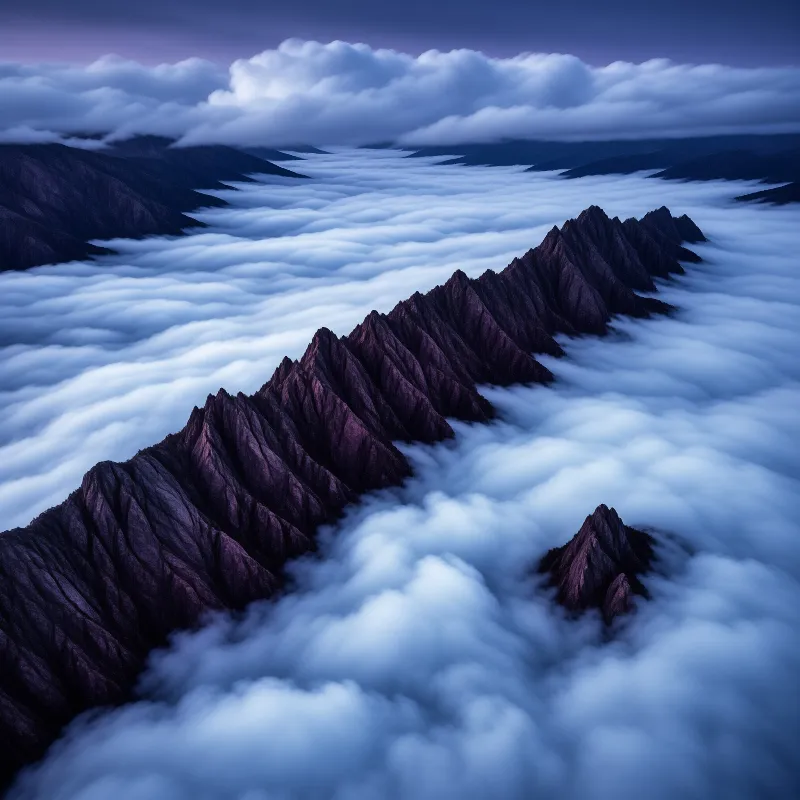 Dark violet mountain ridges pierce through a vast expanse of white clouds under a dim twilight sky.