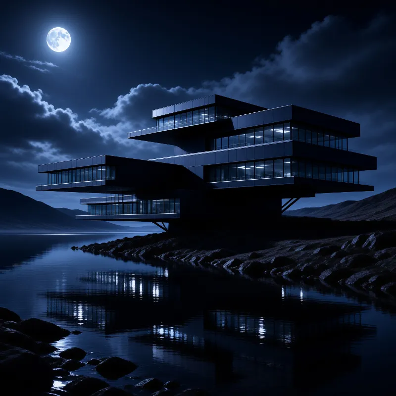 A glass building cantilevers over a rocky shore, lit from within and reflecting on dark water beneath a full moon.