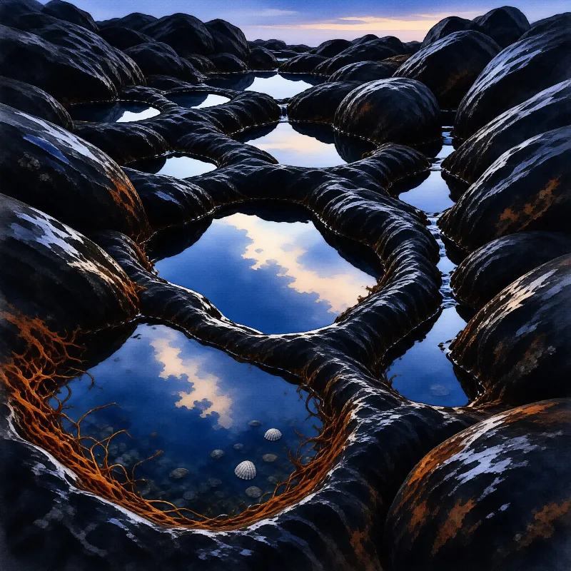Smooth black rock basins hold still water that reflects a dusk sky with shells and rust-colored roots at the edges.