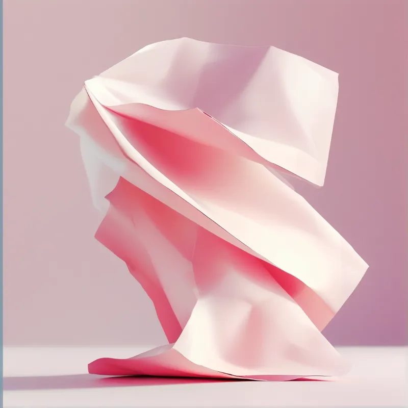 A white folded paper sculpture stands against a smooth pink gradient background with soft lighting.