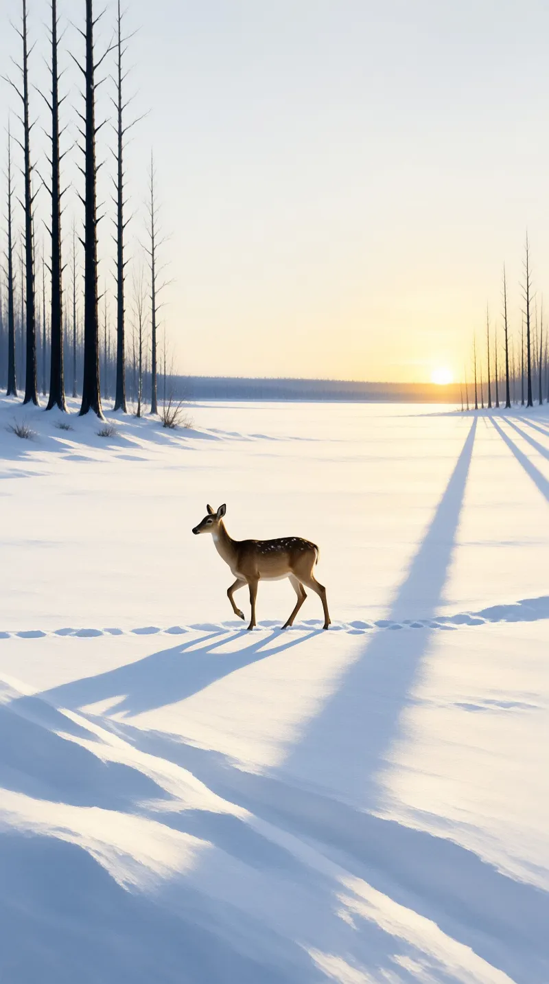 A spotted deer leaves footprints across pristine snow while low sunlight stretches the shadows