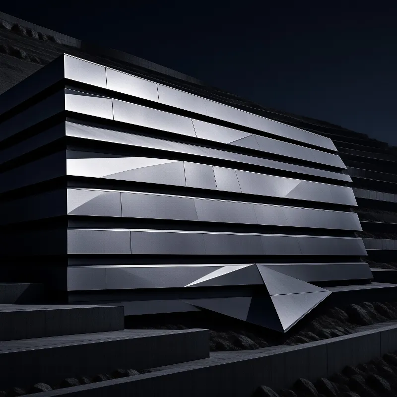 Horizontal metal slats create a geometric facade reflecting bright light against a dark sky.