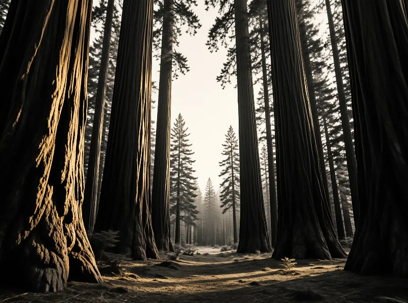 Massive redwood trunks stand along a forest path shrouded in fog while warm sunlight catches the textured bark of the left tree.
