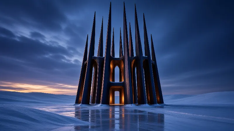 A massive dark structure with spires glows warmly on a white salt flat beneath a cloudy twilight sky.