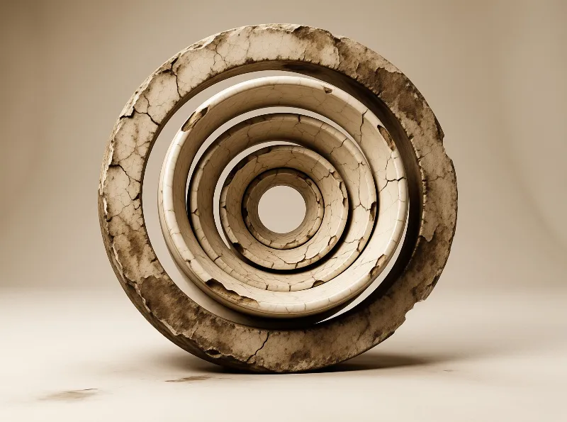 A sepia toned photograph of a circular cracked structure featuring concentric layers that lead toward a central opening.
