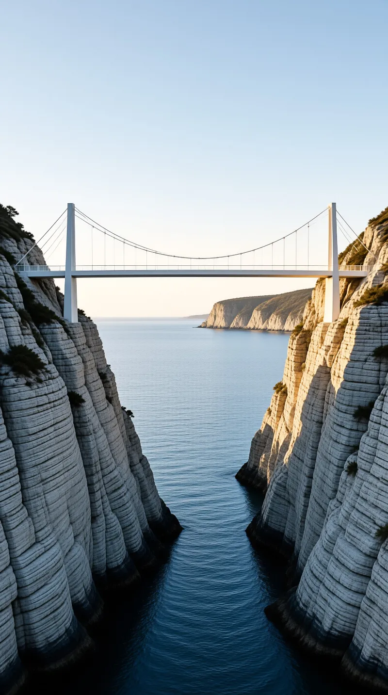A white suspension bridge spans a narrow channel between high layered limestone cliffs illuminated by warm sunlight.