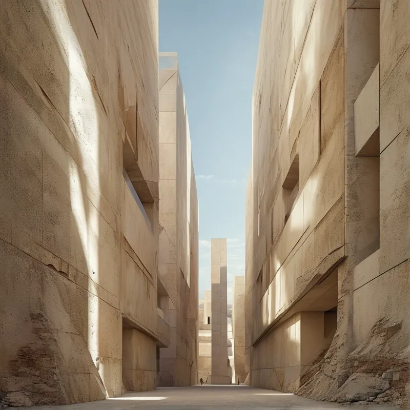 Tall pale walls of carved stone frame a sunlit passage that narrows toward a distant obelisk.