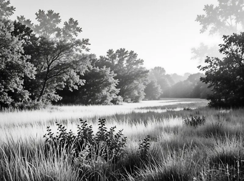 Monochrome view of a grassy field with tall reeds in front and a line of trees obscured by thick atmospheric fog.