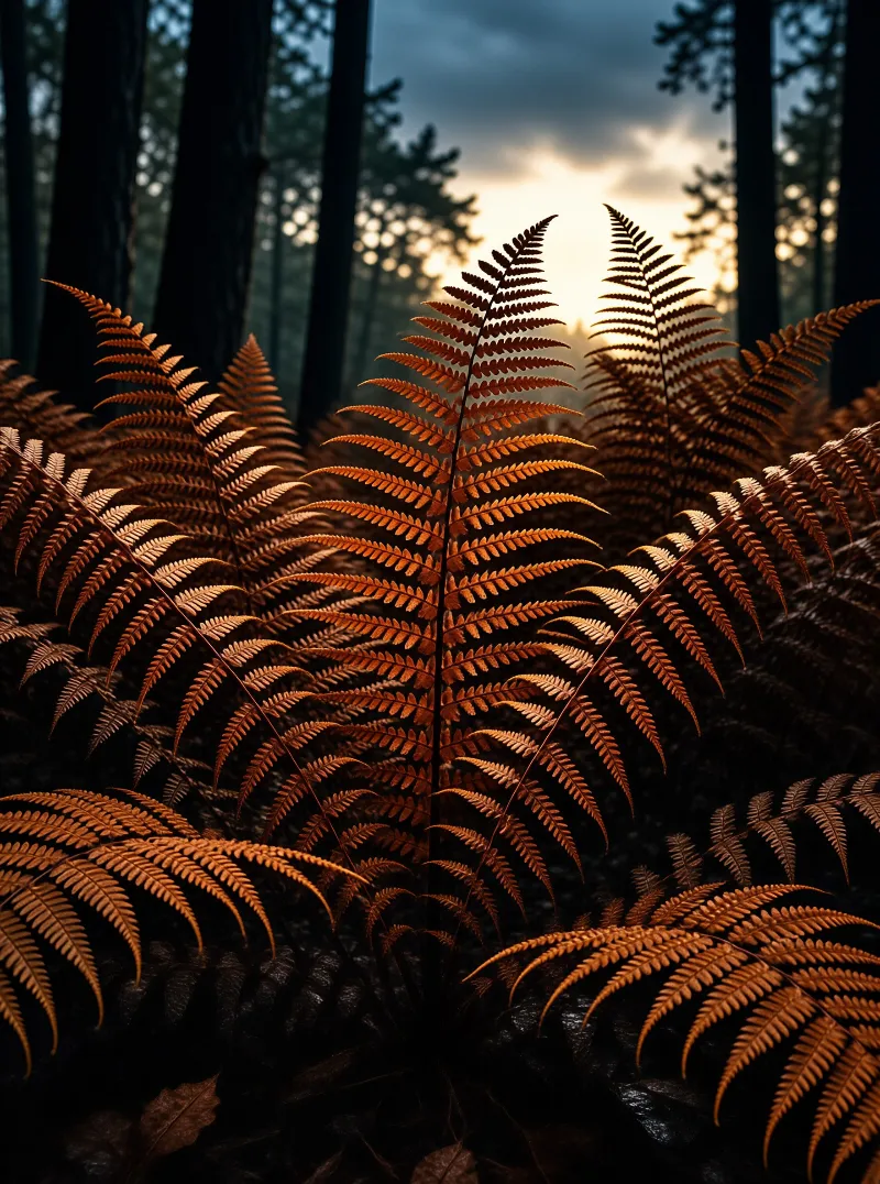 Dried fern fronds stand out in orange hues against a backdrop of dark tree trunks and a bright horizon.