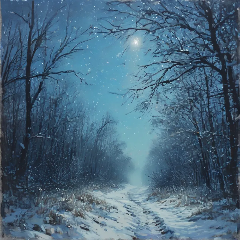 A snow-covered path winds through a dark forest of bare trees under a bright blue sky with moonlight shining from above.
