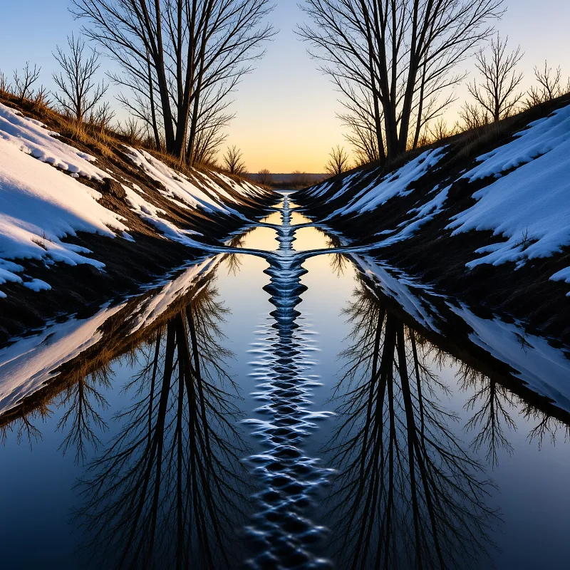 A calm stream reflects bare trees and a warm sky while snow covers the grassy banks of the valley.