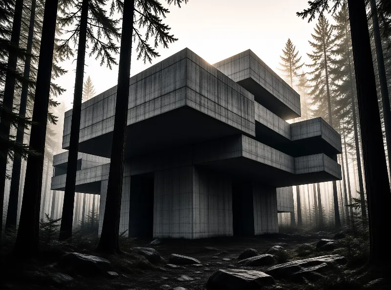 A brutalist concrete block building stands among tall dark pines with warm sunlight glowing through the fog behind it.